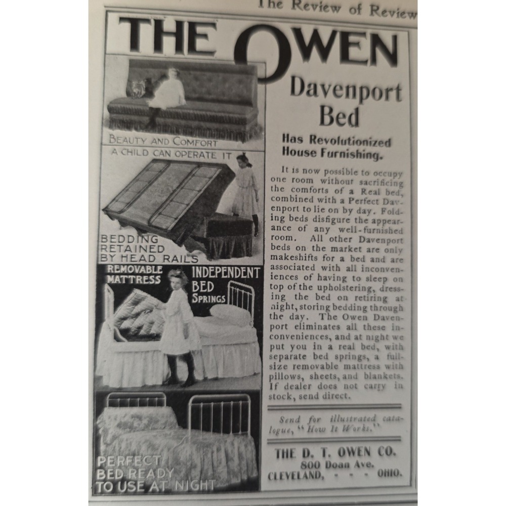 1903 Owen Davenport Bed Print Ad The D. T. Owen Co Cleveland Ohio Antique